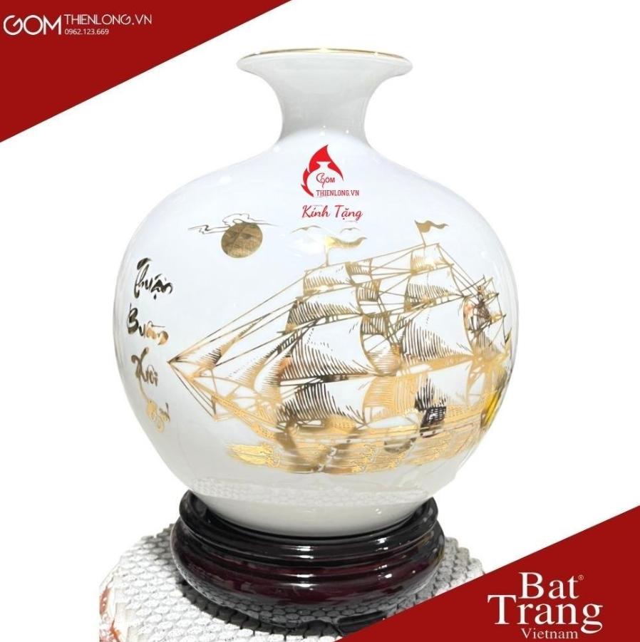 Mẫu bình tài lộc công danh phú quý với hoa mẫu đơn và hình ảnh Thuận buồm xuôi gió